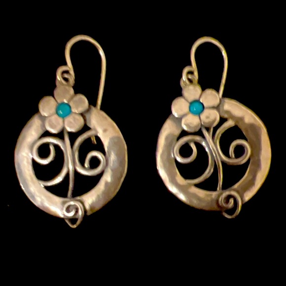 Silver Dangle Earrings w/ Floral Motiff - Picture 1 of 3